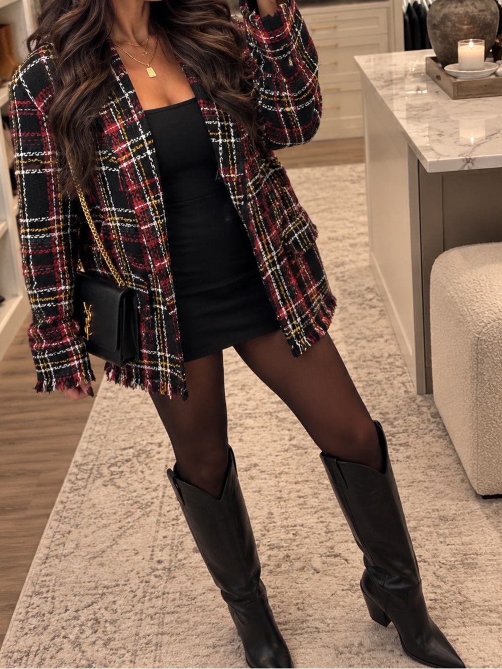 MNG Plaid Tweed Blazer Jacket Red Black Gold Fringe Trim Holiday Preppy